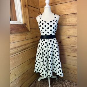 Vintage Polka Dot Halter Swing Dress White Black Hearts & Roses Womens Size 14